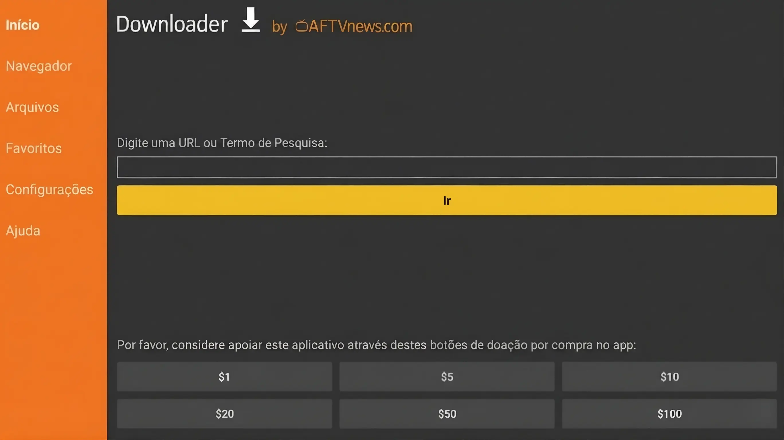 Uma imagem mostrando como baixar o aplicativo pelo Downloader da AFTVnews